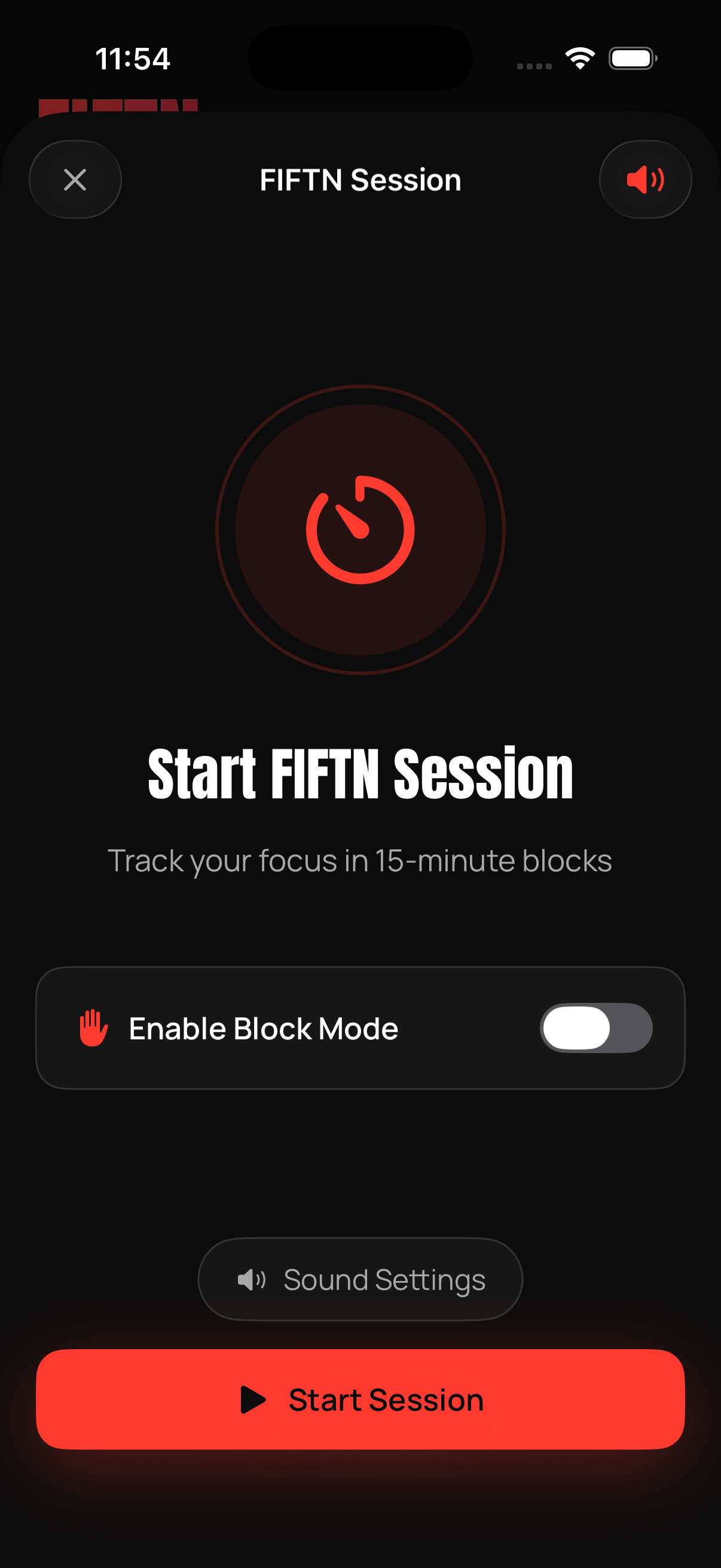 FIFTN App Session Screen
